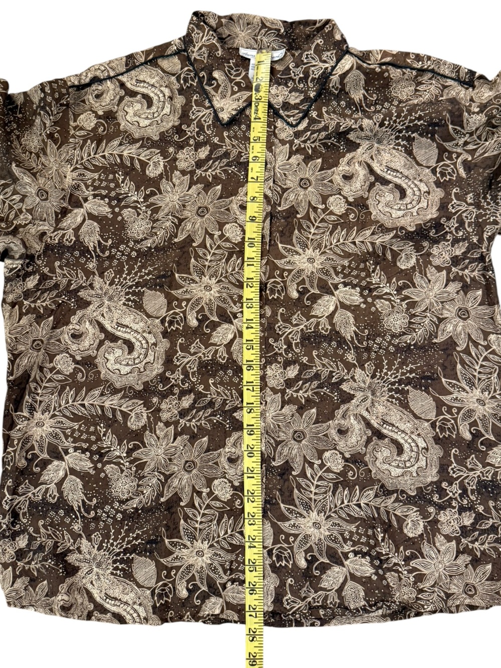 Vintage Anna & Frank Silk Paisley Floral Blouse XL Brown Tan Contrast Piping - Picture 13 of 15